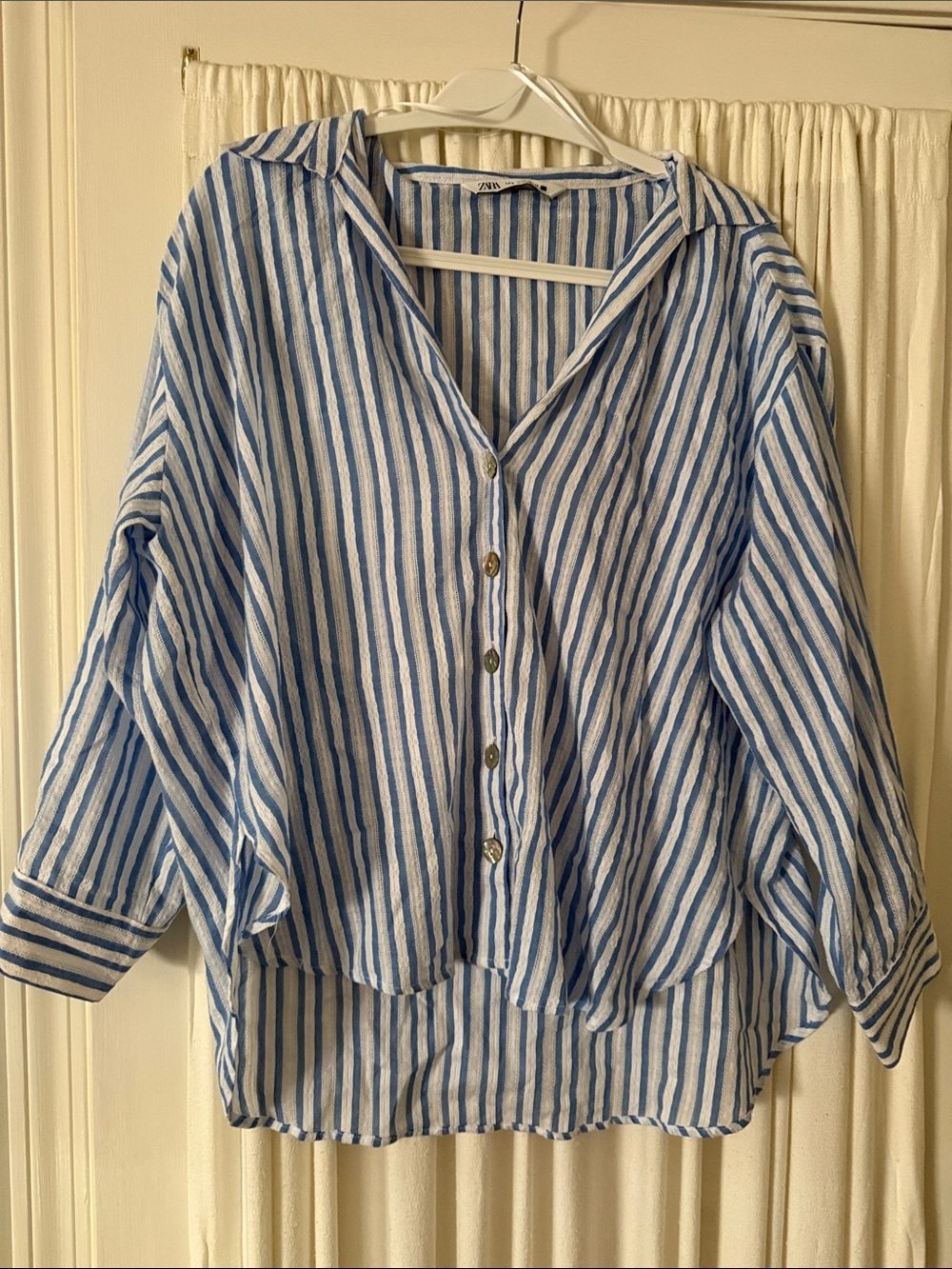 Zara Blue White Eyelet Stripe Blouse